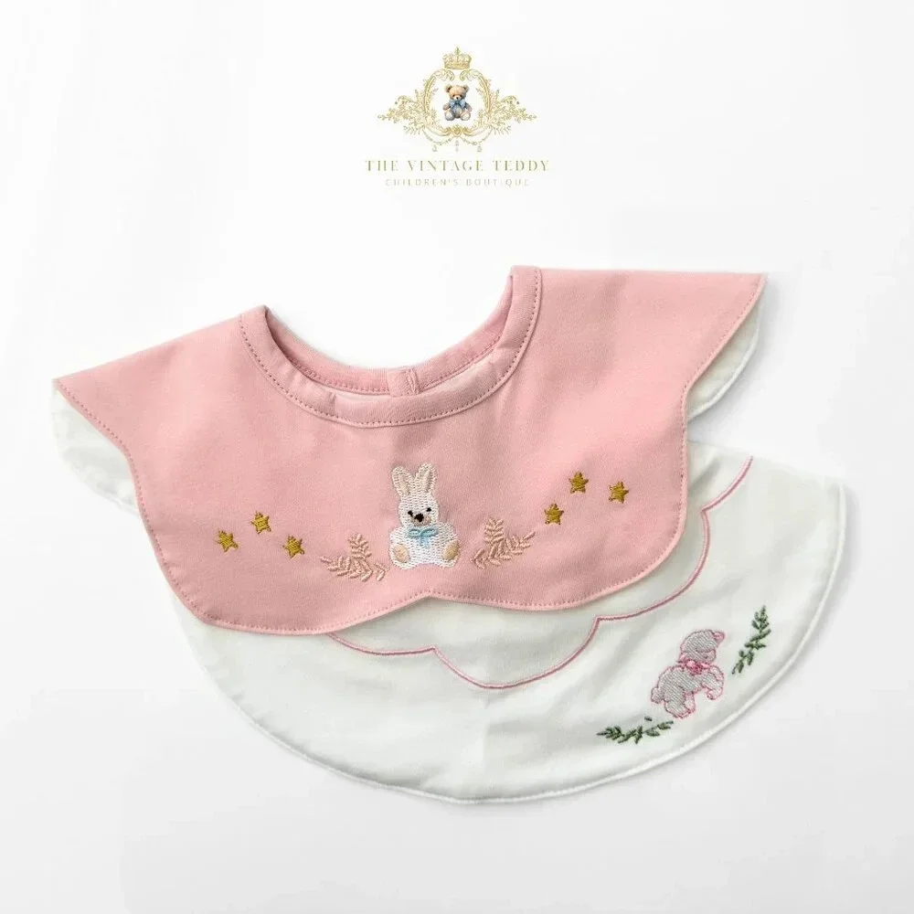 NWT Lovely Boutique Embroidered Girls Baby Bibs Cute Bunny & Lamb Pink Set of 2